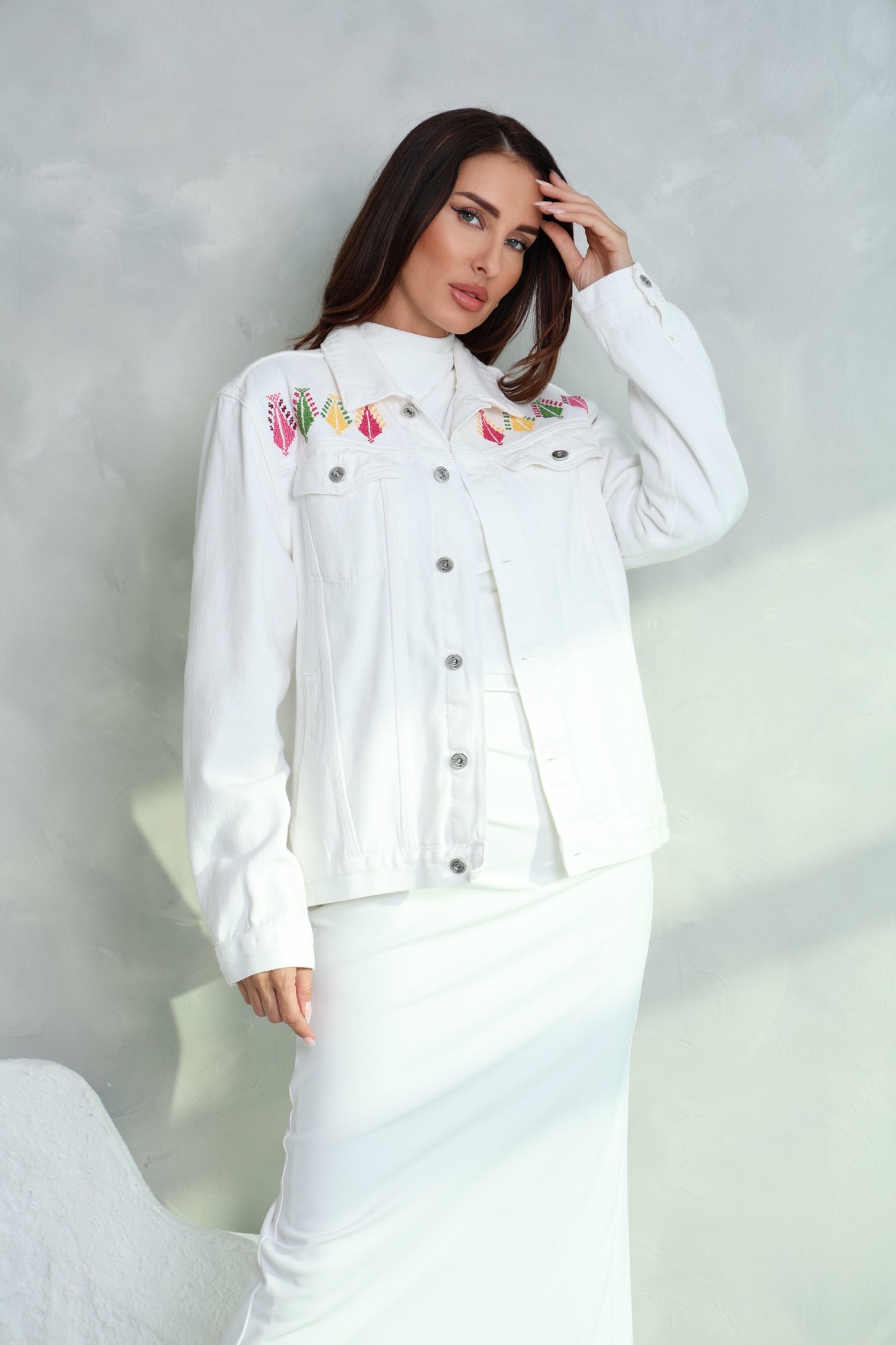 White Hand Embroidered Denim Jacket