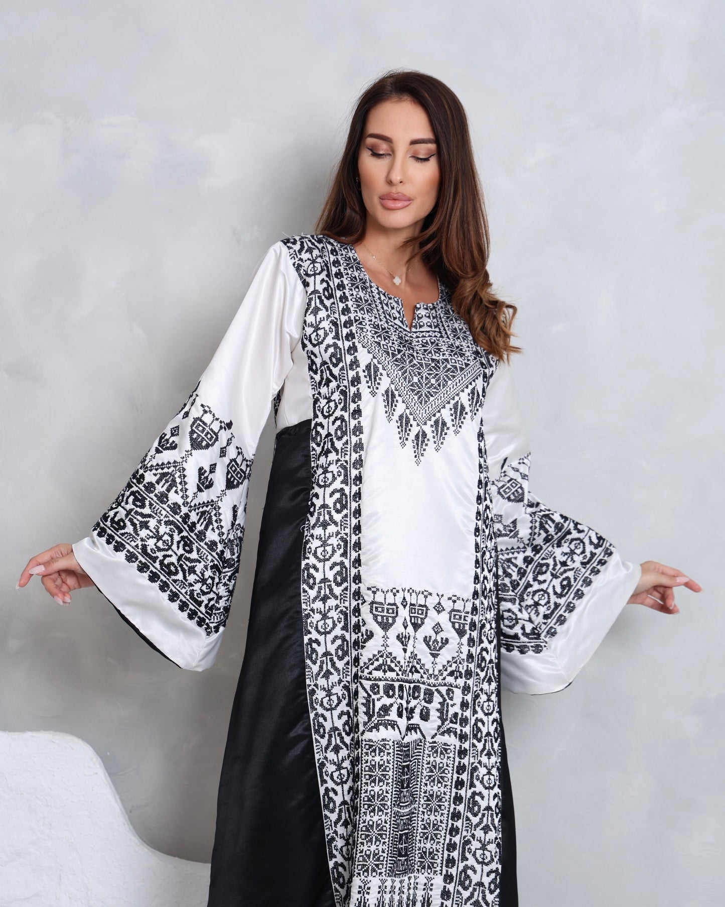 White & Black Hand Embroidered Thobe
