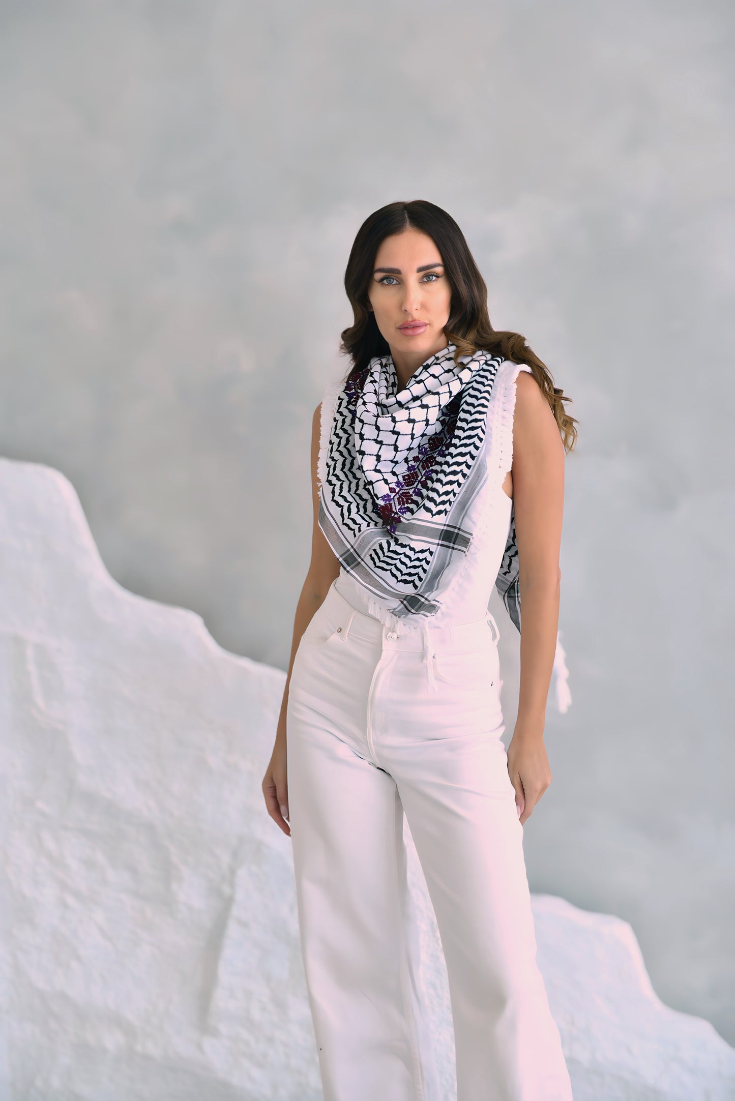 White & Black Hand Embroidered Kuffiya Design1