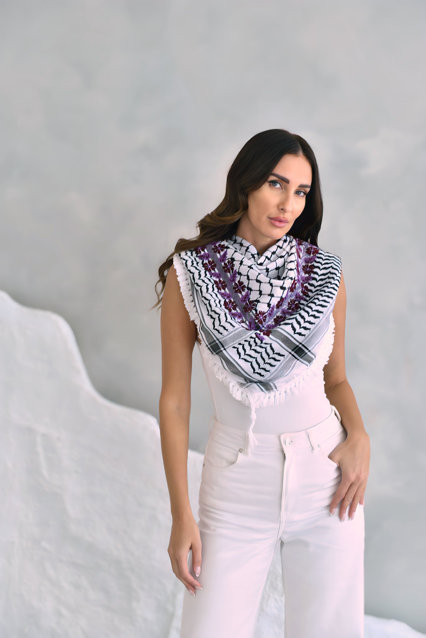 White & Black Hand Embroidered Kuffiya Design2