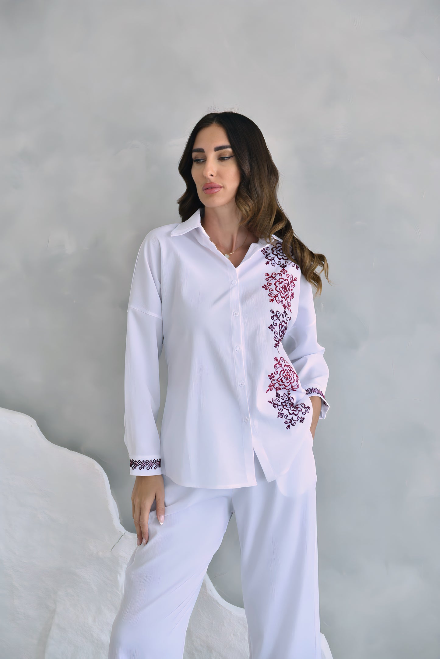 White Linen Hand Embroidered Set