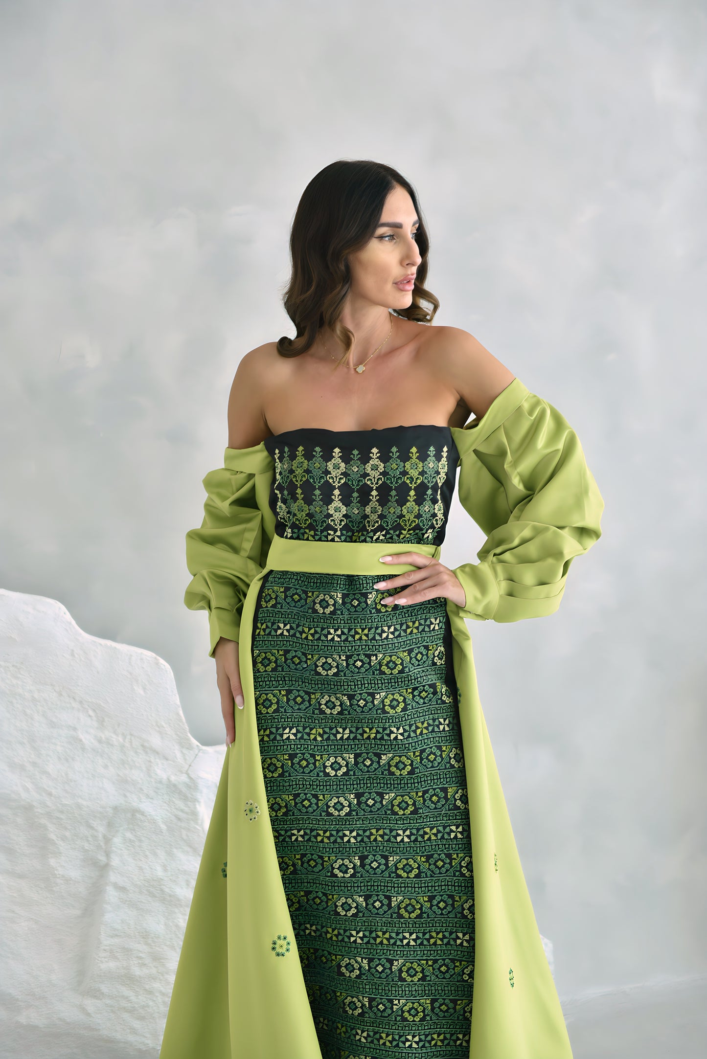 Pre-Order Black & Green Hand Embroidered Evening Dress