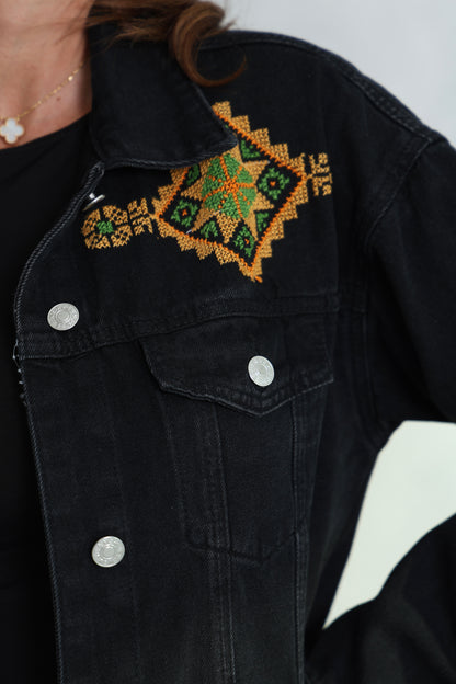 Black & Orange Hand Embroidered Denim Jacket