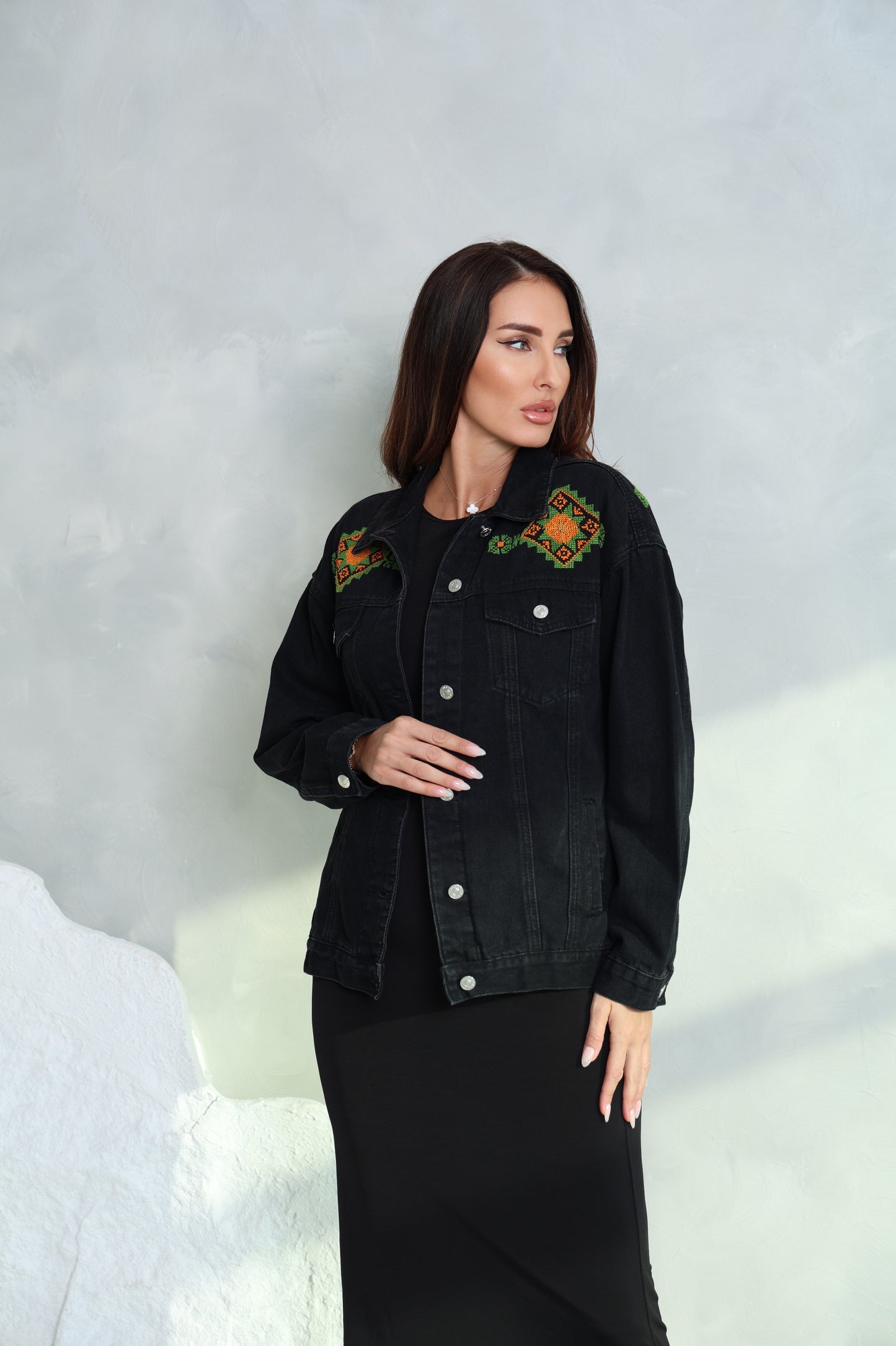 Black & Green Hand Embroidered Denim Jacket