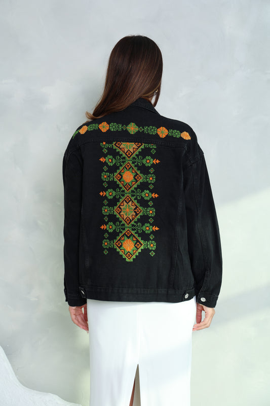 Black & Green Hand Embroidered Denim Jacket