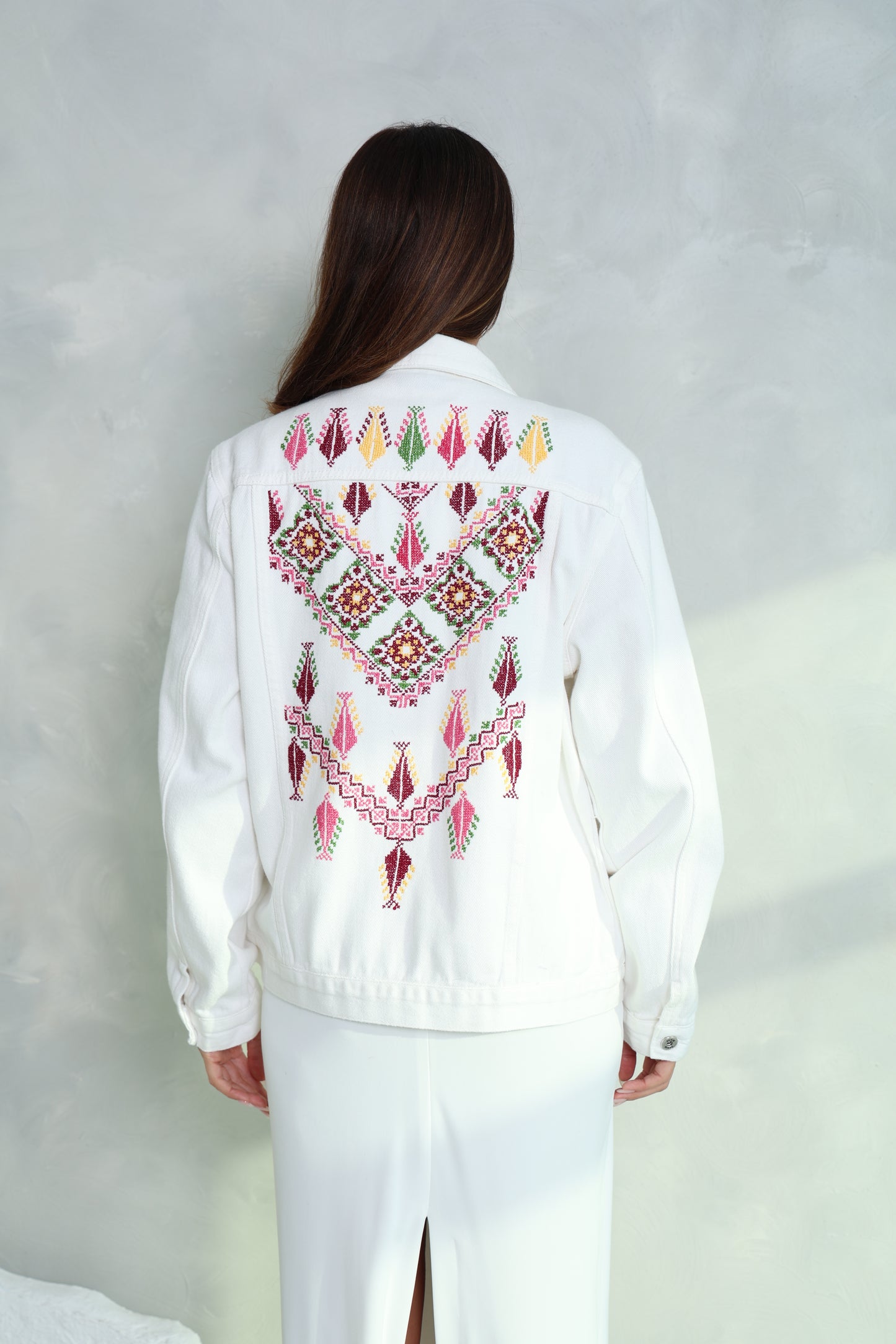 White Hand Embroidered Denim Jacket