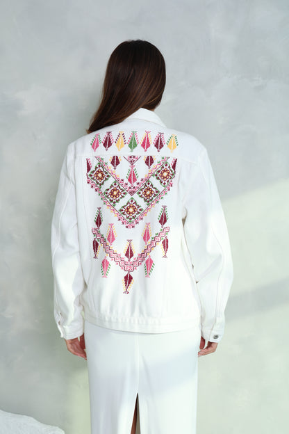 White Hand Embroidered Denim Jacket