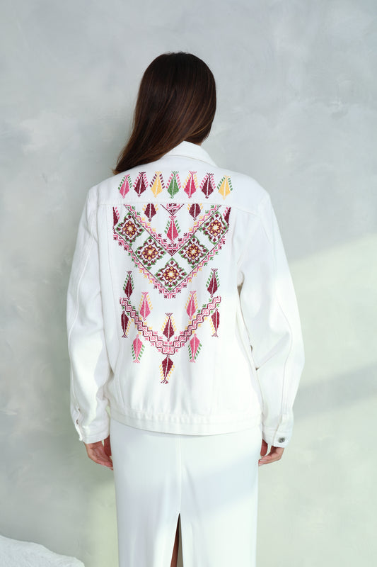 White Hand Embroidered Denim Jacket