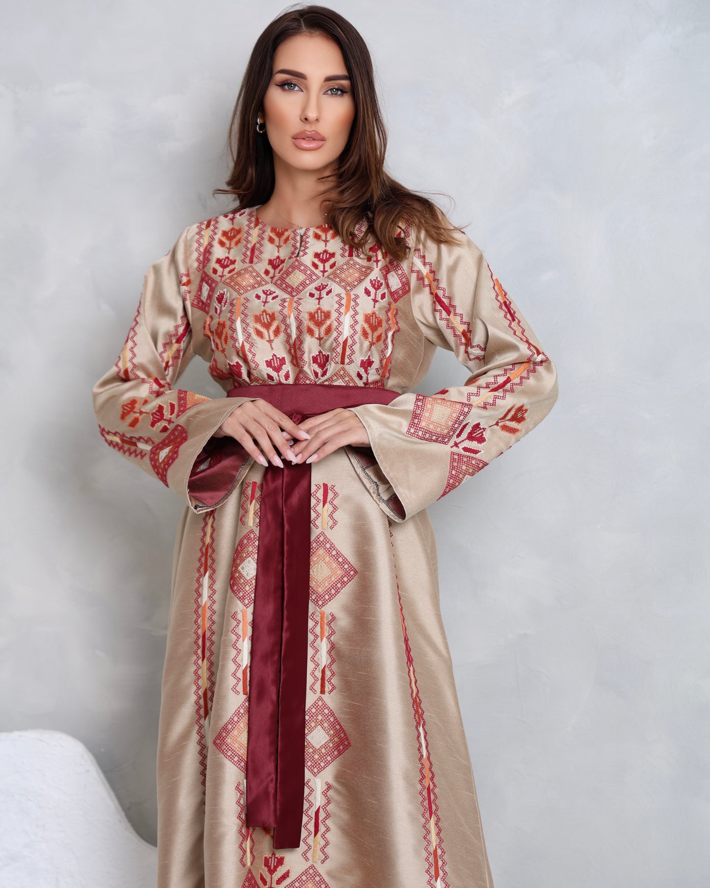 Cream & Maroon Hand Embroidered Thobe