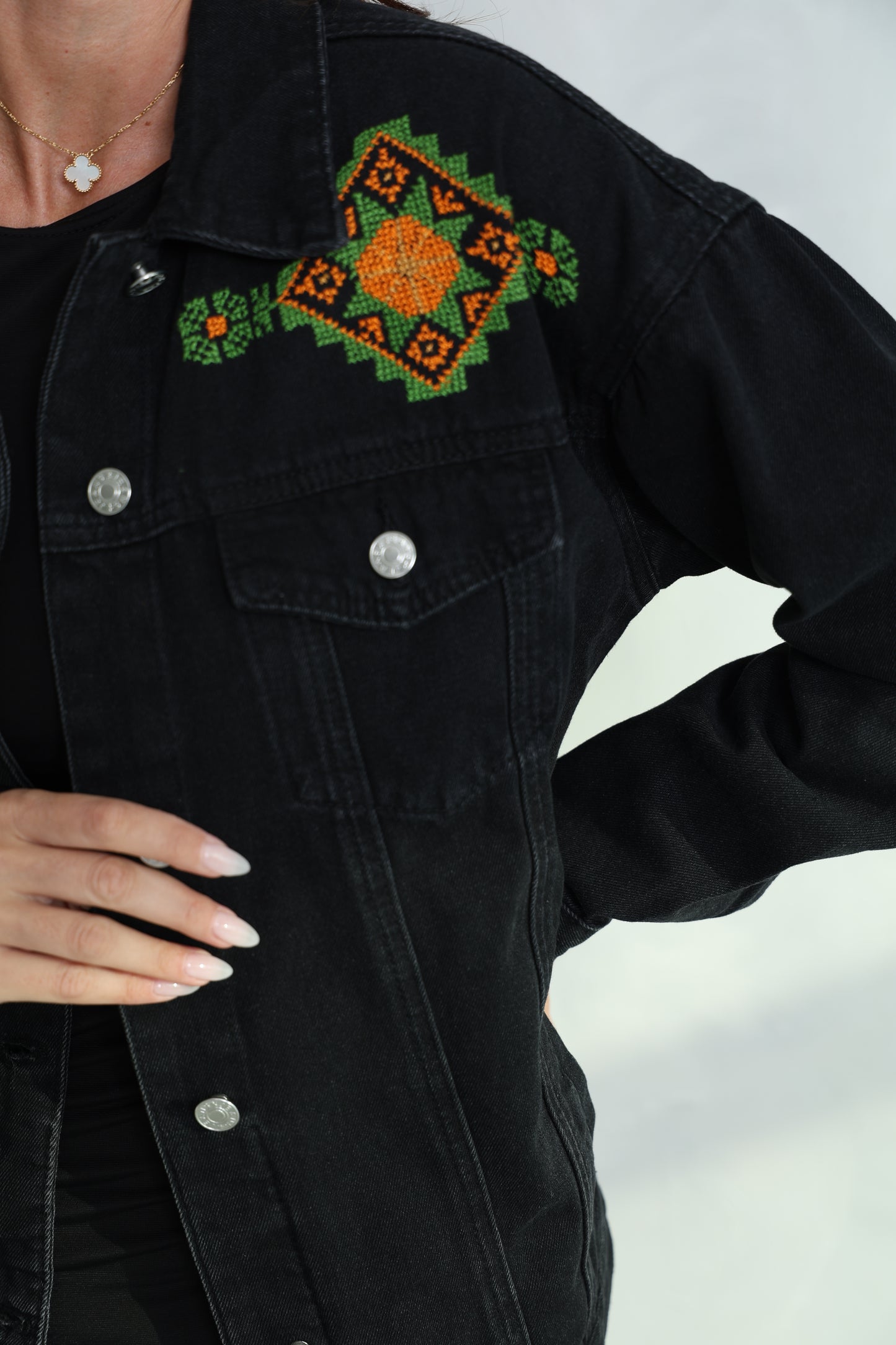 Black & Green Hand Embroidered Denim Jacket