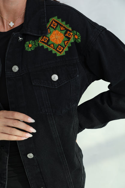 Black & Green Hand Embroidered Denim Jacket