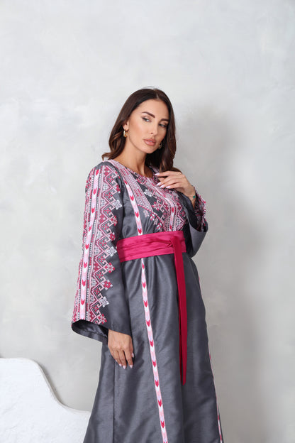 Grey & Pink Hand Embroidered Thobe