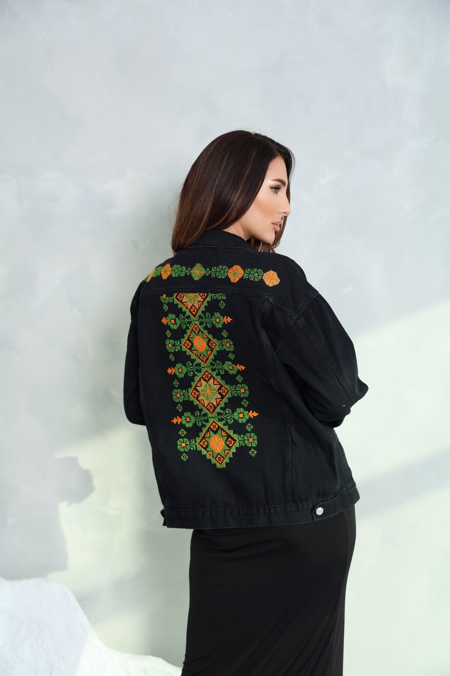 Black & Green Hand Embroidered Denim Jacket