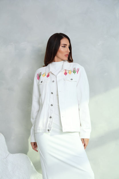 White Hand Embroidered Denim Jacket