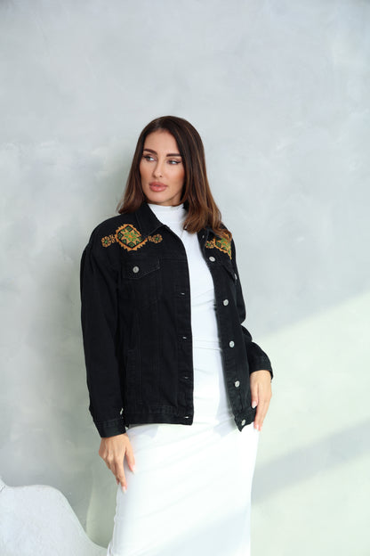 Black & Orange Hand Embroidered Denim Jacket