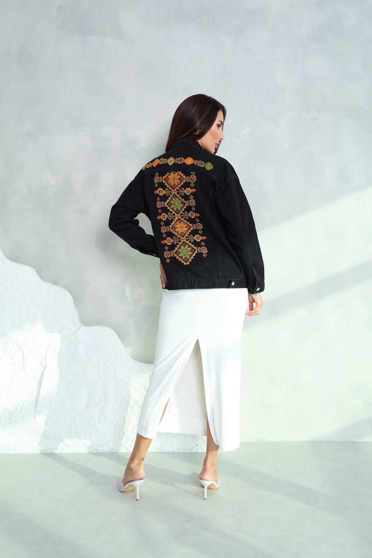 Black & Orange Hand Embroidered Denim Jacket