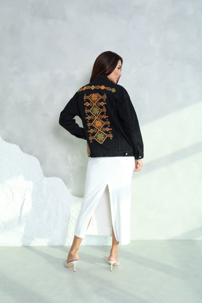 Black & Orange Hand Embroidered Denim Jacket