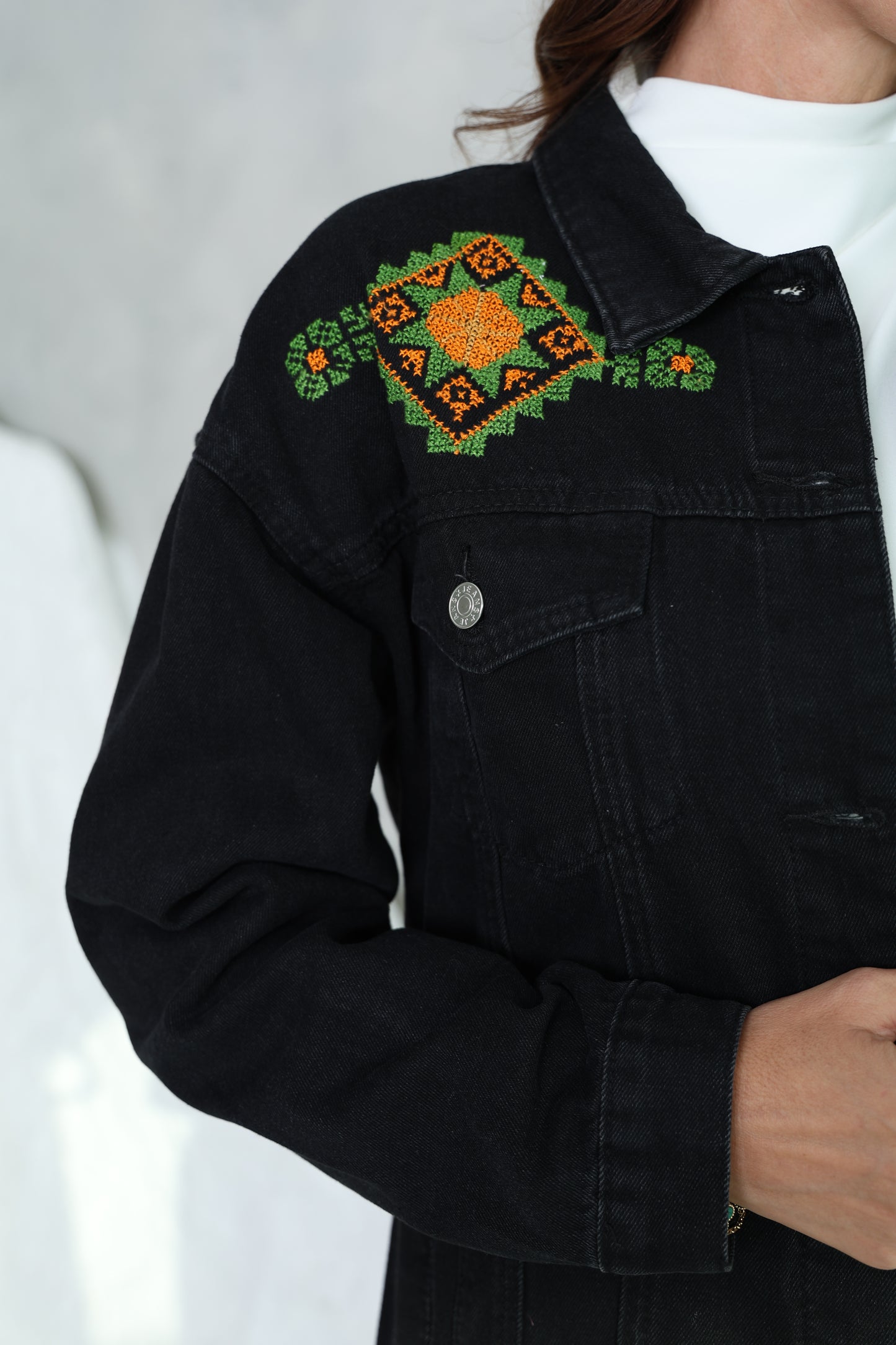 Black & Green Hand Embroidered Denim Jacket