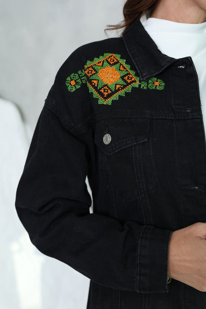 Black & Green Hand Embroidered Denim Jacket