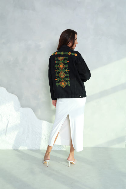 Black & Green Hand Embroidered Denim Jacket