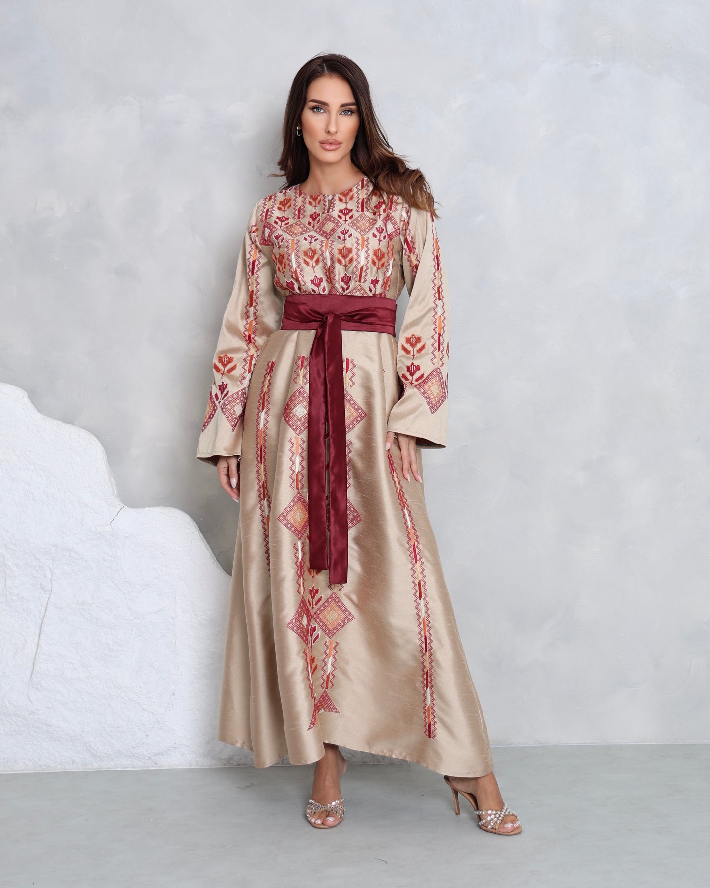 Cream & Maroon Hand Embroidered Thobe