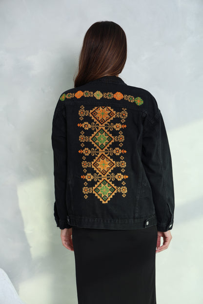 Black & Orange Hand Embroidered Denim Jacket