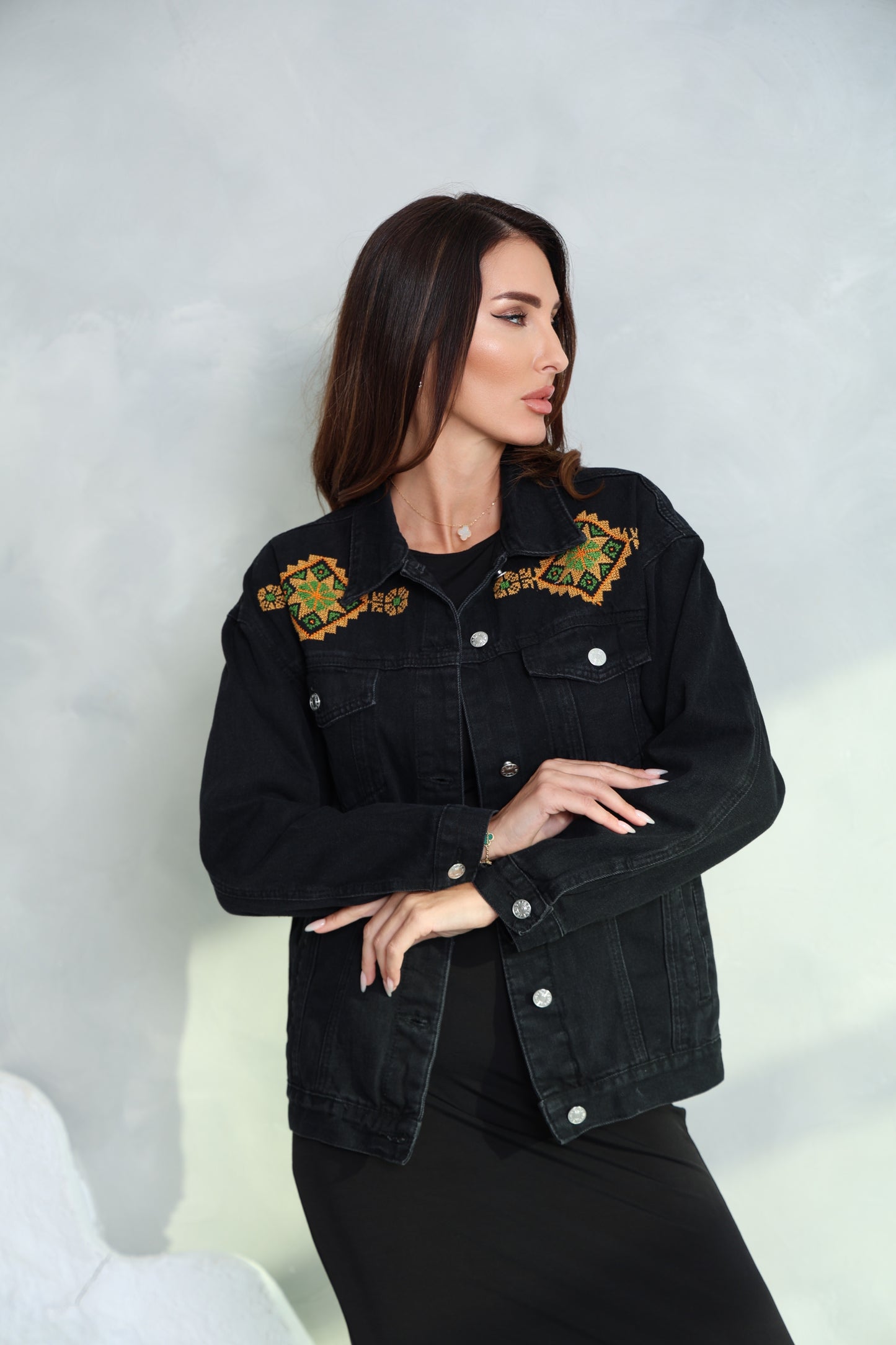 Black & Orange Hand Embroidered Denim Jacket