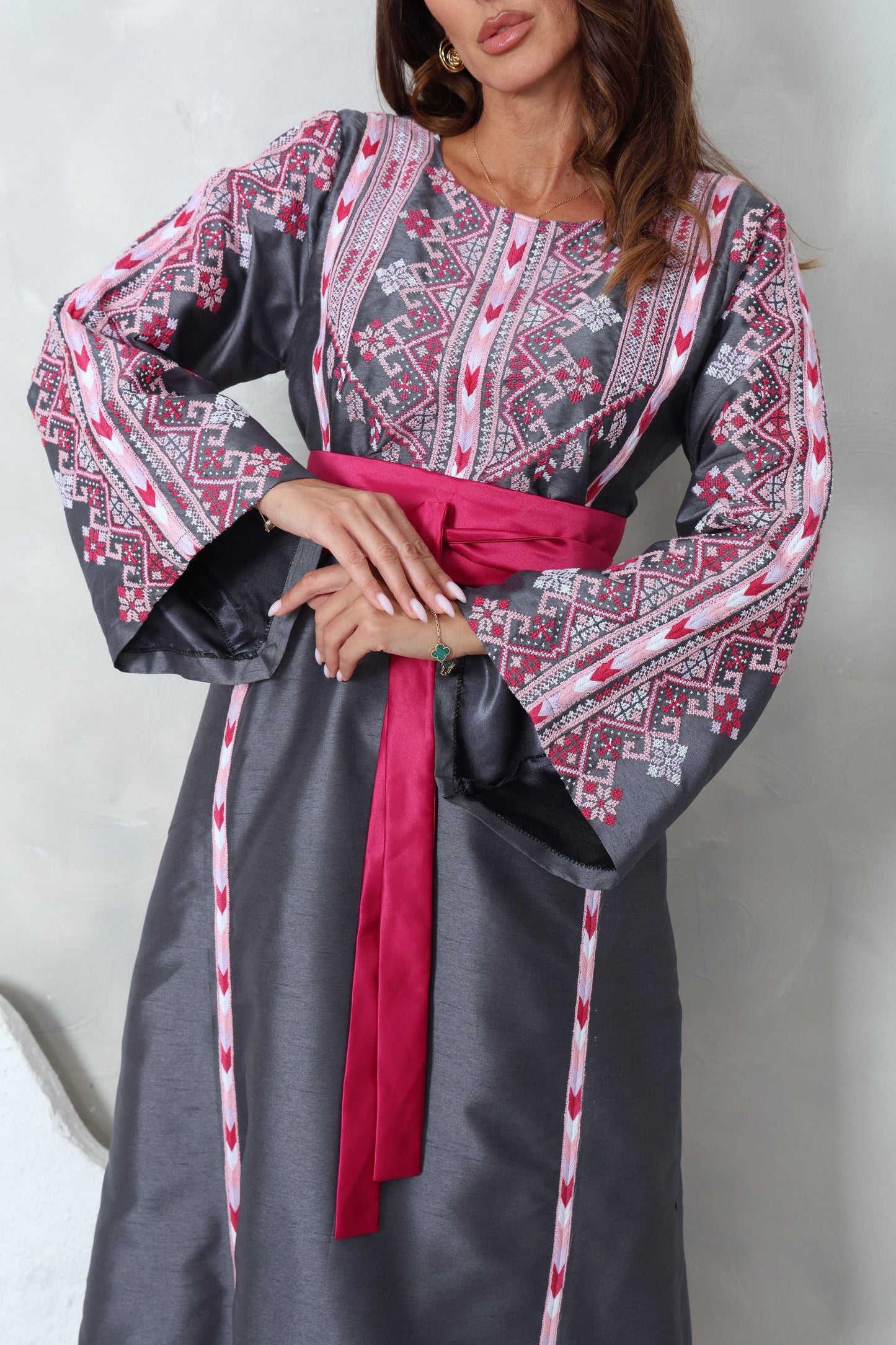 Grey & Pink Hand Embroidered Thobe