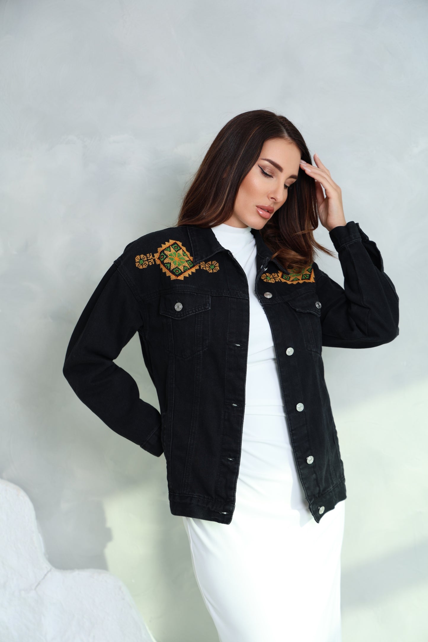 Black & Orange Hand Embroidered Denim Jacket