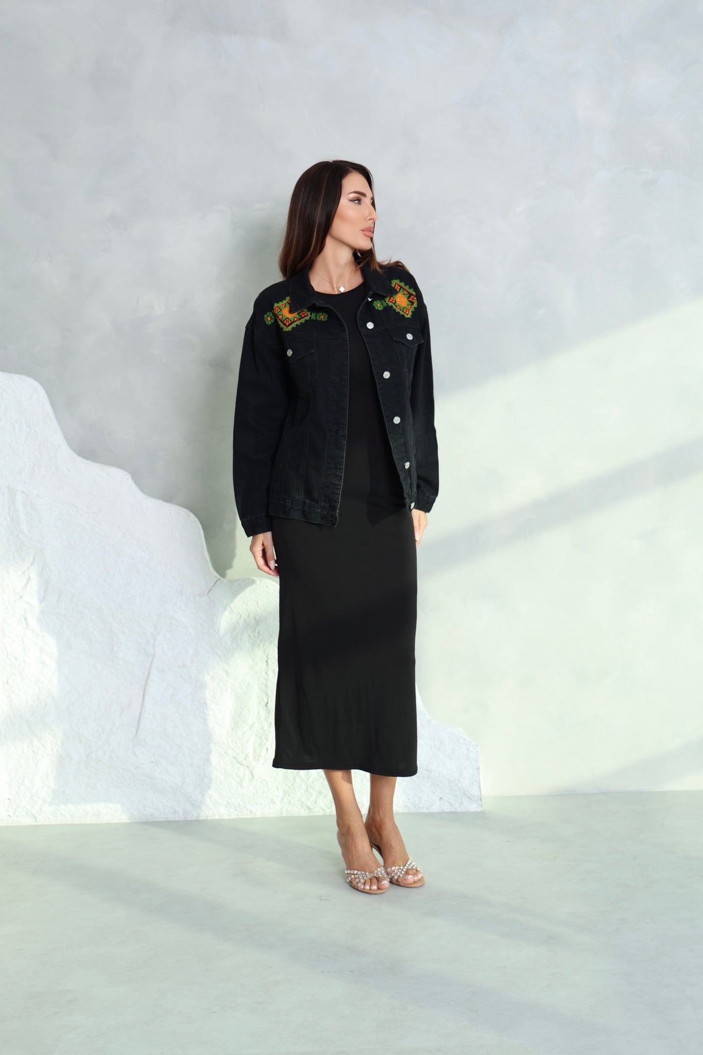 Black & Green Hand Embroidered Denim Jacket