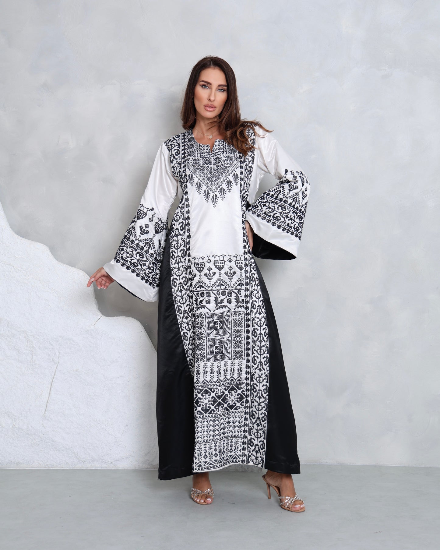 White & Black Hand Embroidered Thobe