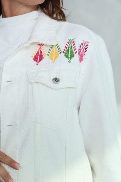 White Hand Embroidered Denim Jacket