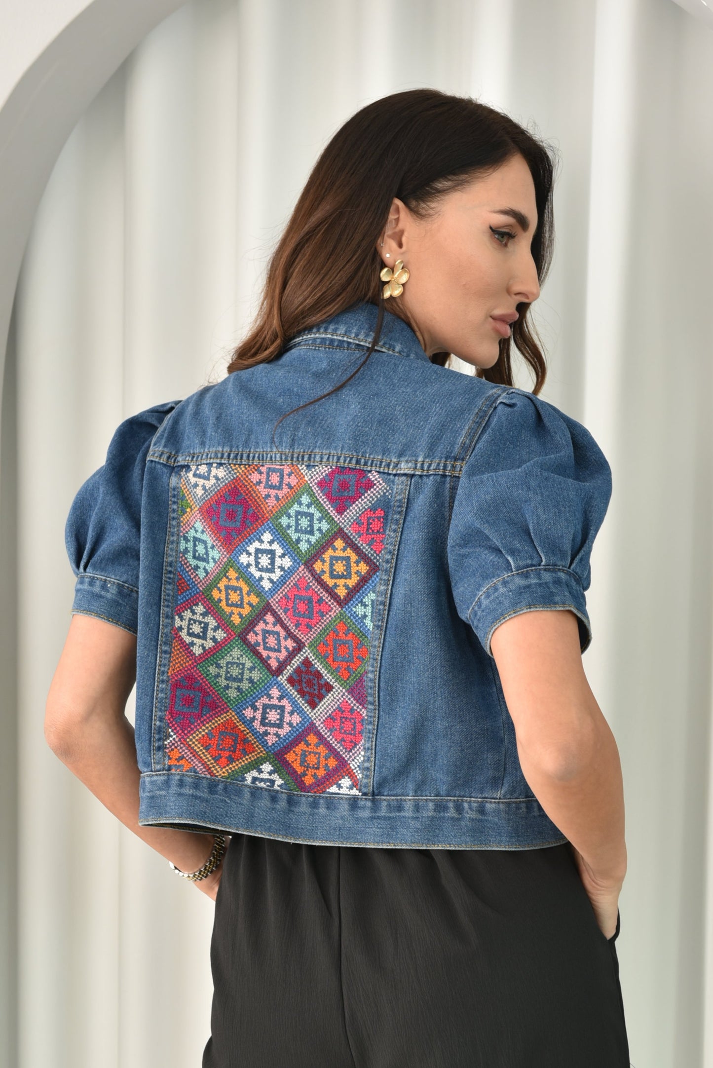 Dark Short Sleeve Hand Embroidered Denim Jacket