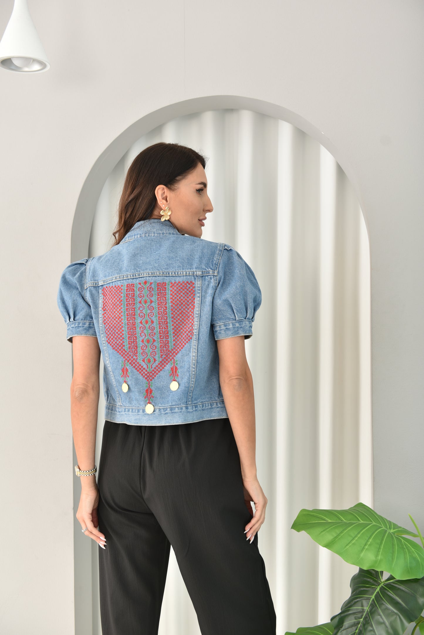 Short Sleeve Coin Hand Embroidered Denim Jacket