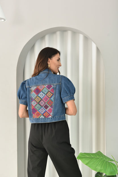 Dark Short Sleeve Hand Embroidered Denim Jacket