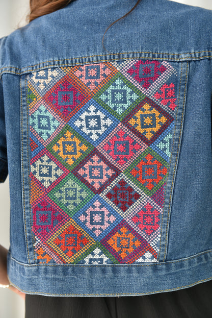 Dark Short Sleeve Hand Embroidered Denim Jacket