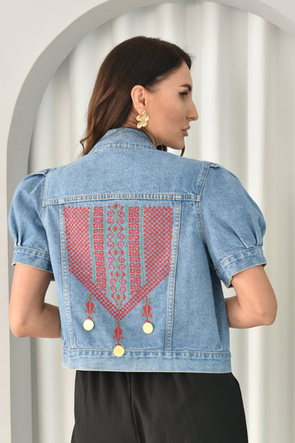 Short Sleeve Coin Hand Embroidered Denim Jacket